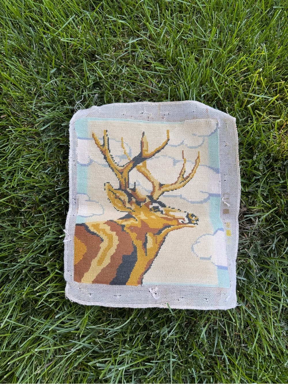 Vintage Handmade Needlepoint Stag Deer Canvas 12x13 Unframed Cabin Decor